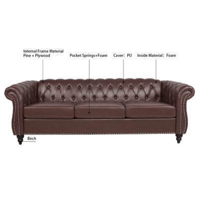 84" PU Rolled Arm Chesterfield Three Seater Sofa