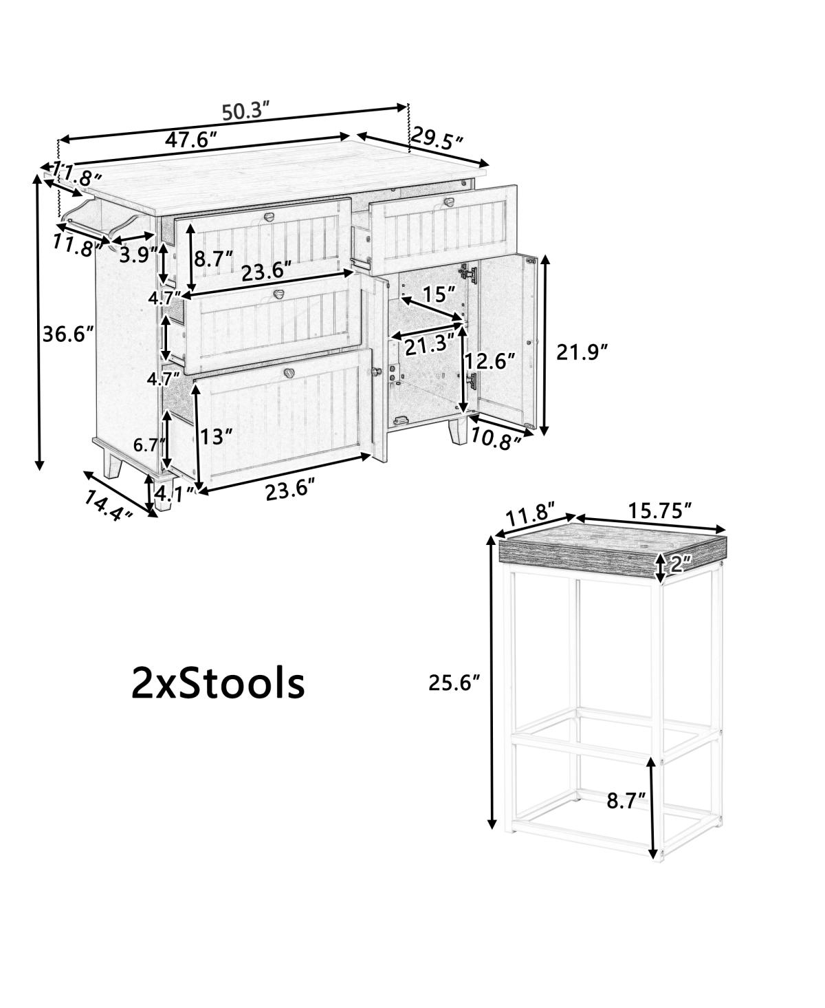 Simplie Fun Farmhouse Kitchen Island Set With Drop Leaf And 2 Seatings, Dining Table Set With Cabinet