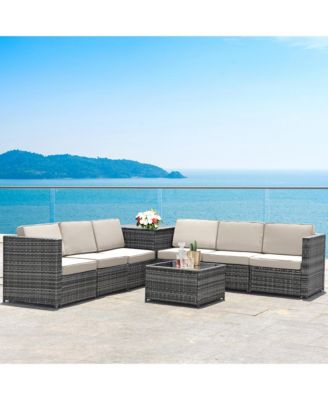 8PCS Patio Rattan Sofa Sectional Conversation Furniture Set w/ White Cushion