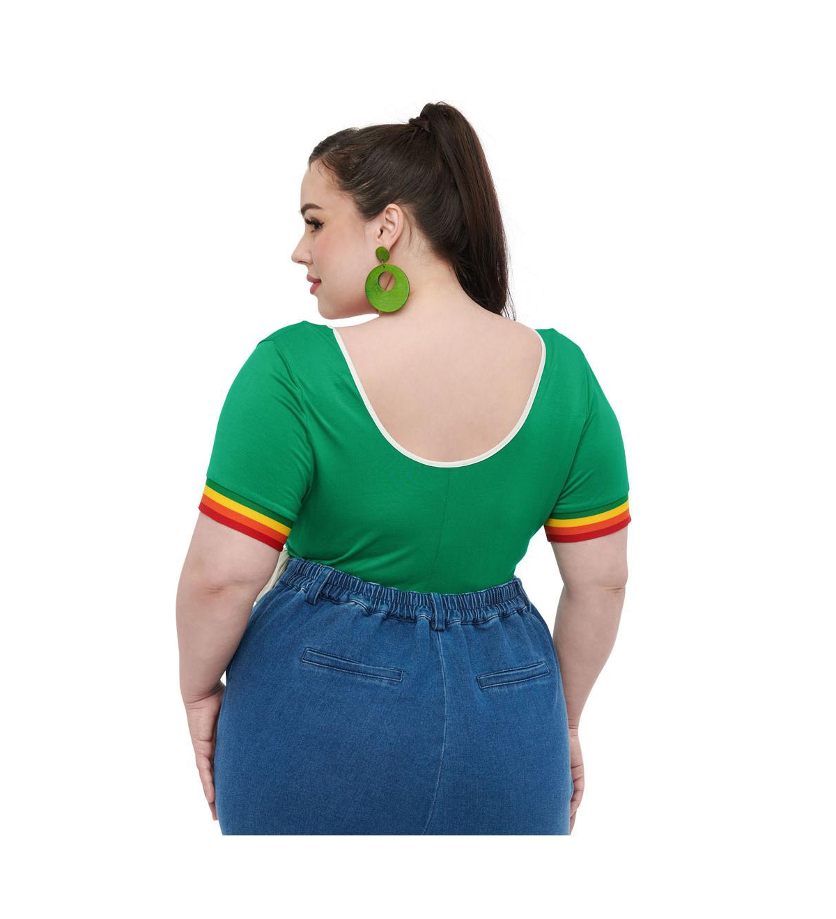 Unique Vintage Plus Size 3/4 Sleeve Surplice Knit Bodysuit - Green  rainbow