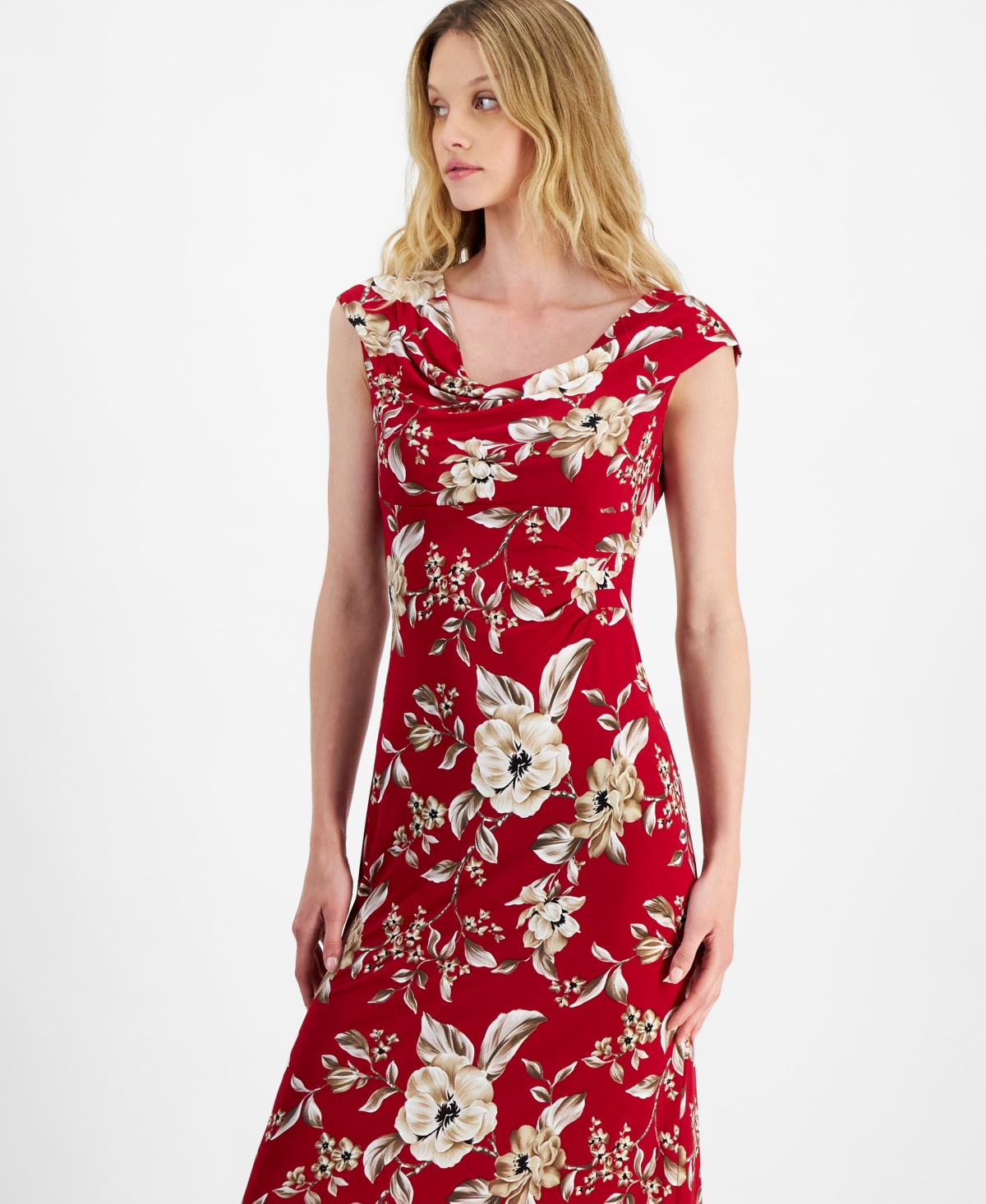 Connected Petite Printed Drape-Neck Midi Dress