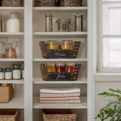 (Set of 2) Water Hyacinth Pantry Baskets with Handles and Chalkboard Labels - Espresso, Wide Woven Storage Baskets for Kitchen Shelves
