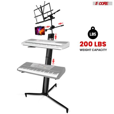 2 Tier Column Keyboard Stand Riser Piano Holder Heavy Duty Aluminium Built Attached Adjustable Music & Mic Stands Height 51.2 Inch for 61 76 88 Keys Foldable Easy to Carry in Bag