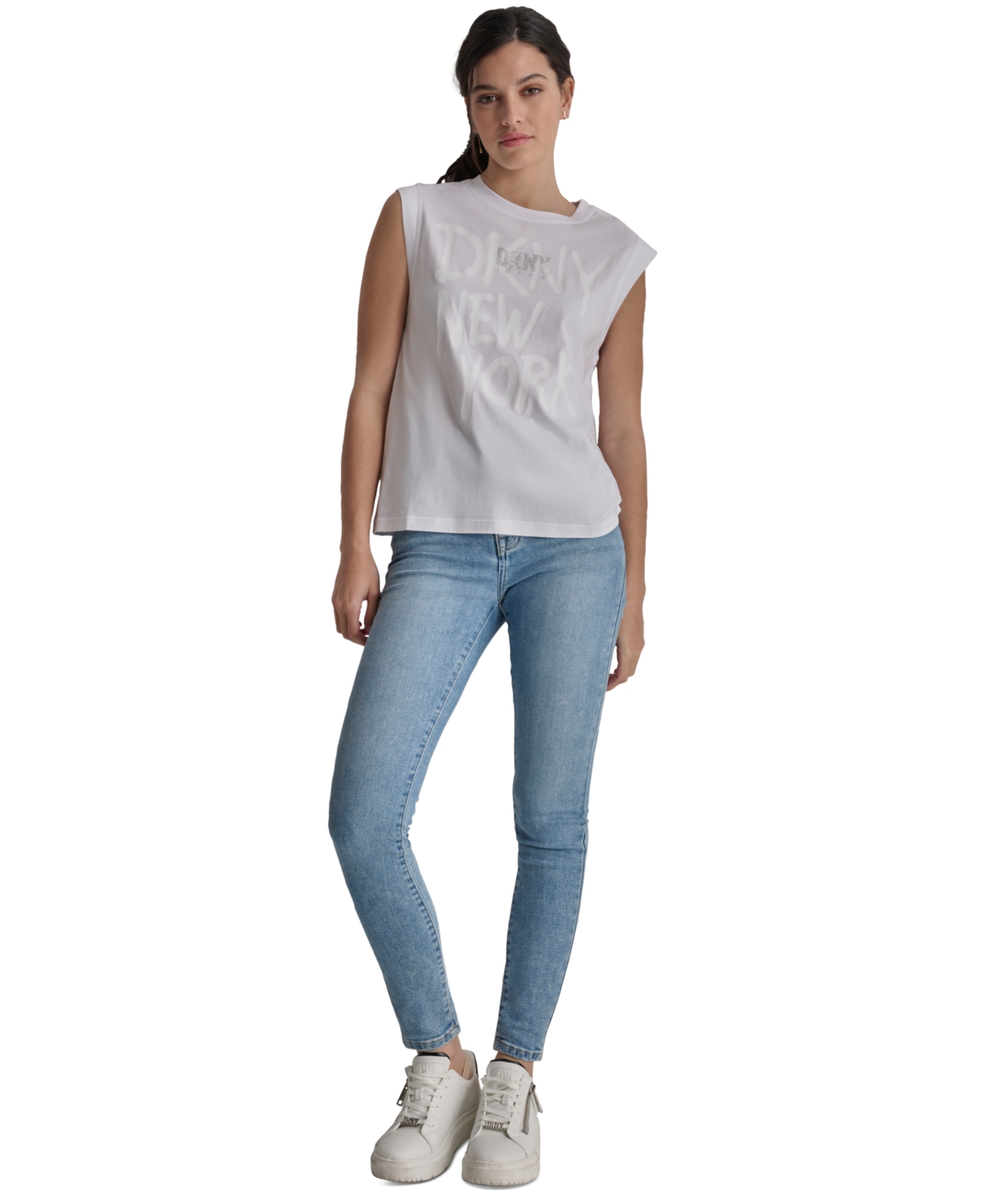 Dkny Women's Rhinestone-Logo Graffiti Graphic Tank Top - WHT - WHITE