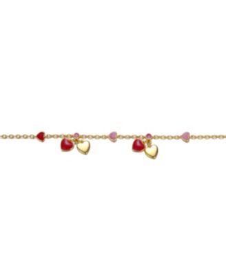 Kids 14k Gold Plated Red Enamel Dangle Heart Charm Bracelet for Toddler/Kids