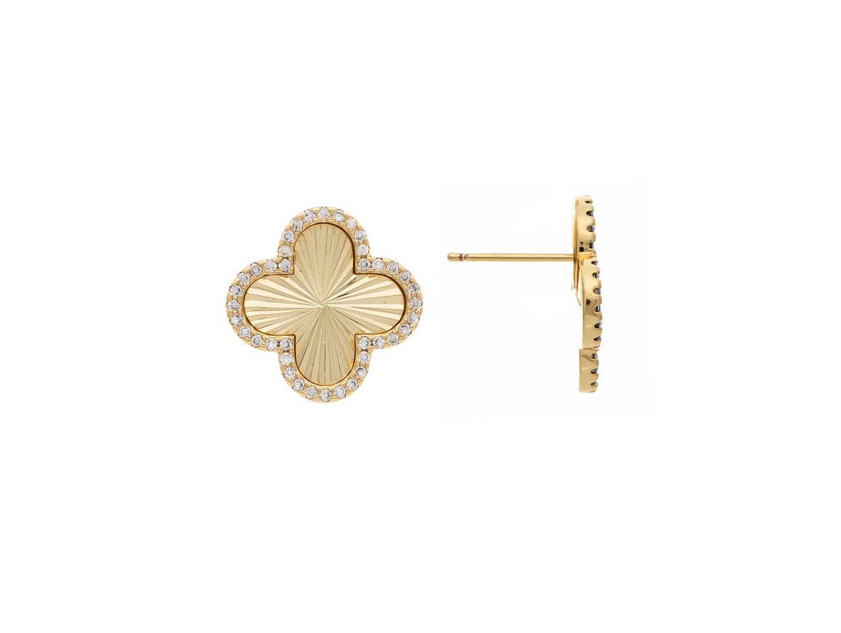 Satin Finish Cubic Zirconia Clover Stud Earrings - Gold with clear cz
