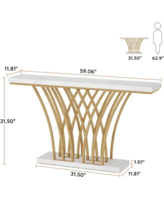 Modern Gold Console Table with Grid-Shaped Metal Base and 59-Inch Faux Marble Top for Entryway, Hallway or Living Room