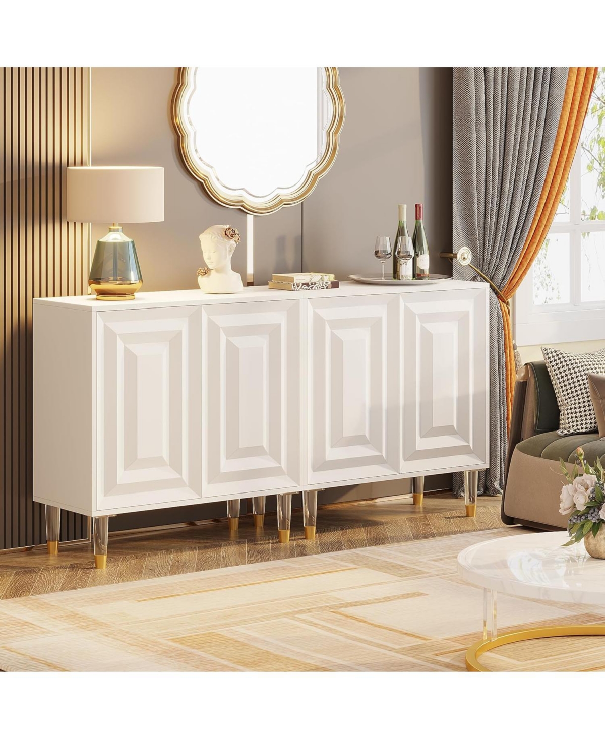 Tribesigns Sideboard Buffet Cabinet, 63 Inch Modern Kitchen Accent Cabinet with 4 Doors and Storage Shelves, White Credenzas Console Bar Cabinet for