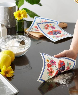 Swedish Dishcloths for Kitchen Cleaning, Machine Washable Dishwasher Safe, 7.75 x 6.75", Butterfly Folk, 3 Piece