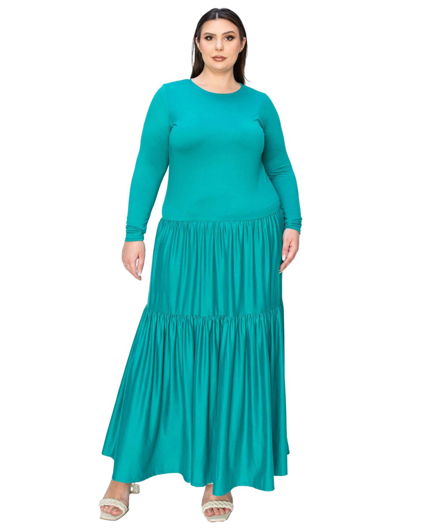 Женское платье L I V D Plus Size Tiered Maxi Dress with Long Sleeves, цвет: Нефритовый — фото 1