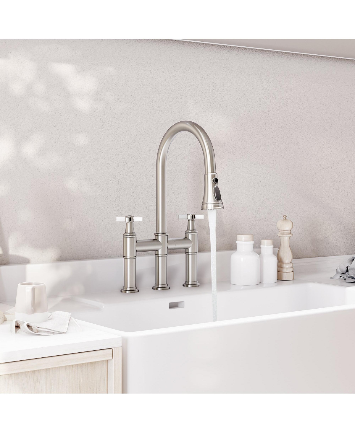 Mondawe Bridge Kitchen Faucet with 3 Way Spray Function,High Arc Kitchen Faucet with Pull Down Sprayer 2 Handles inch Widespread 360 Swivel Spout