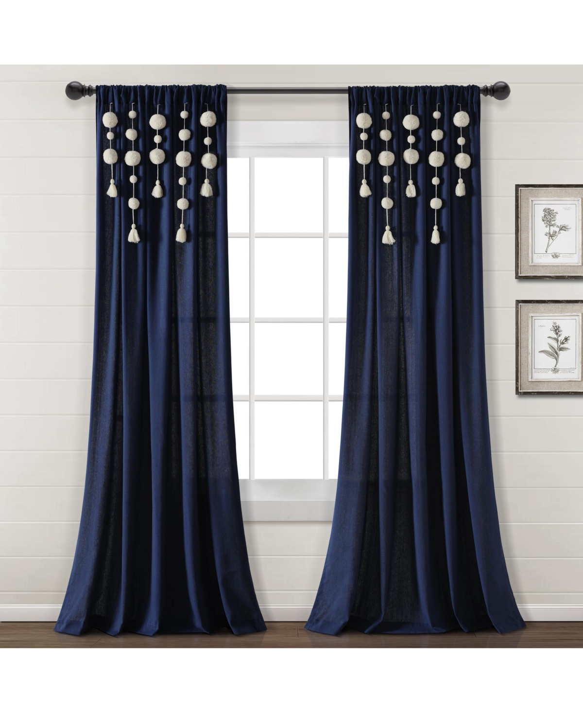 Boho Pom Pom Tassel Linen Window Curtain Panel - Aqua