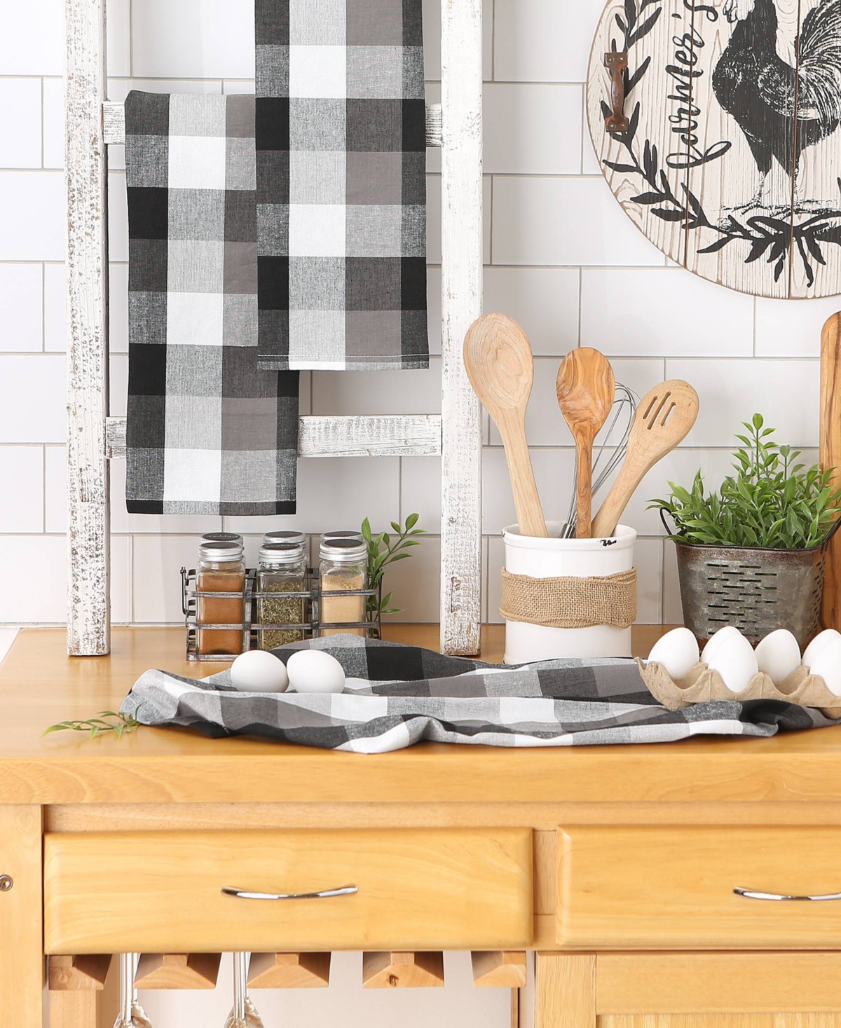 Design Imports Tri-color Check Collection Kitchen, Dishtowel Set, French Blue, 3 Piece In Black