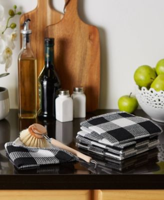 Scrubber Dishcloths Collection Windowpane Dishrag Set, 12x12", Black Buffalo Check, 6 Piece
