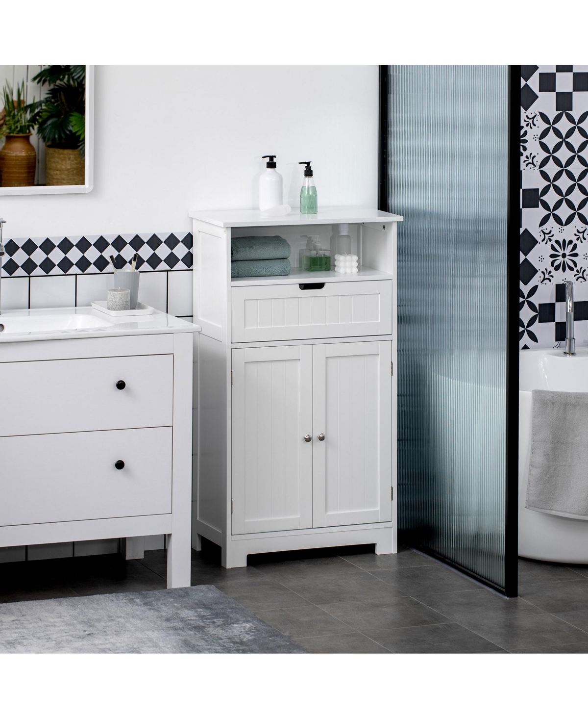 Kleankin Bathroom Storage Cabinet Freestanding Bathroom Storage Organizer with Drawer and Adjustable Shelf for Living Room, Bedroom or Entryway, White