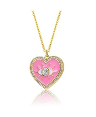 Kids 14k Yellow Gold Plated with Clear Cubic Zirconia Pink Enamel Heart Evil Eye Pendant Necklace