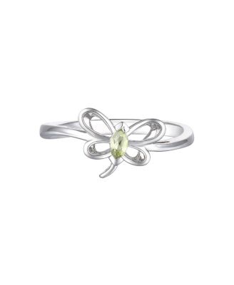 Sterling Silver White Gold Plated with Light Green Tourmaline CZ Butterfly Ring for Kids/Teens