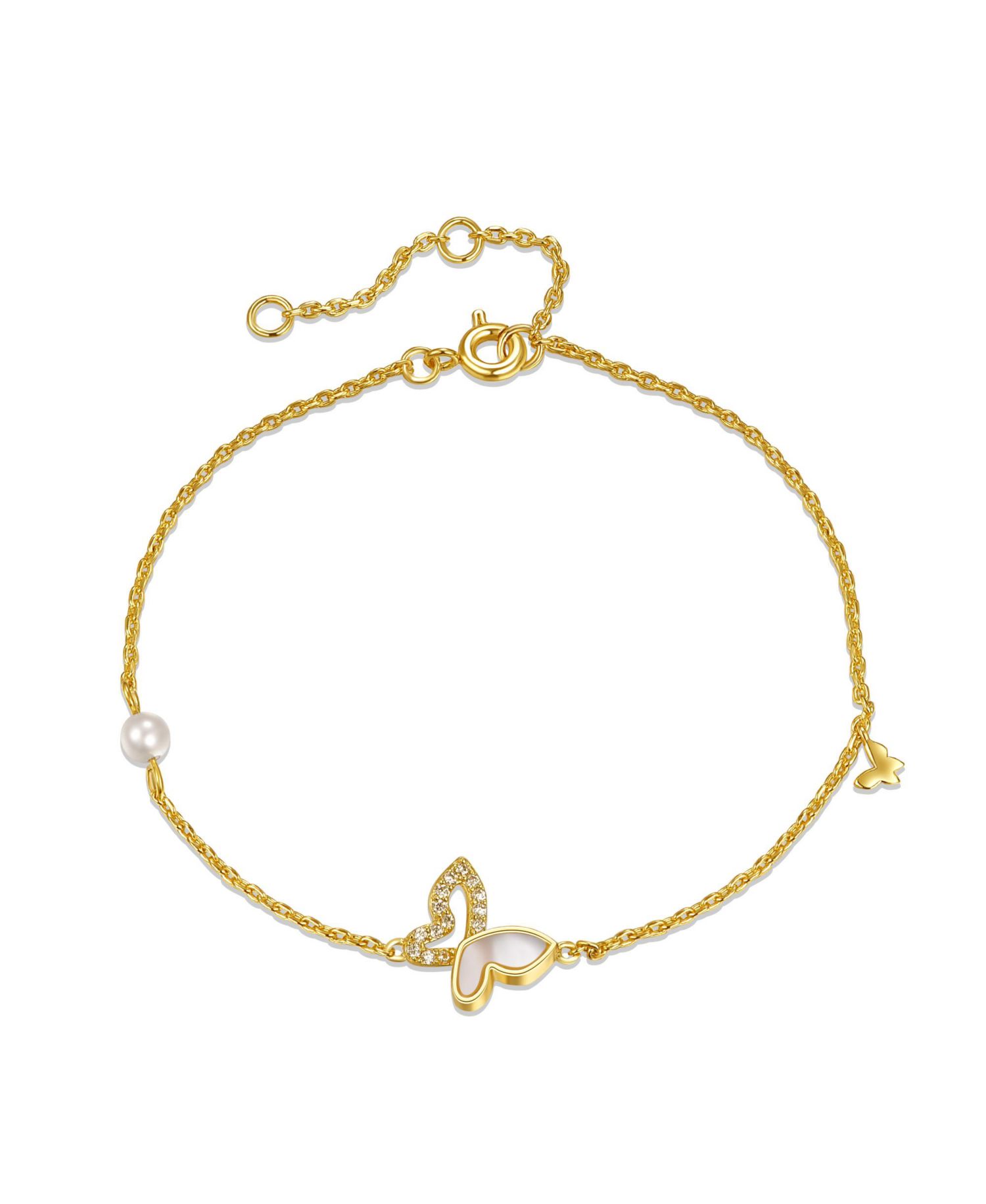 14k Yellow Gold Plated with Mother of Pearl and Cubic Zirconia Butterfly Charm Rope Bracelet with Adjustable Extension Chain