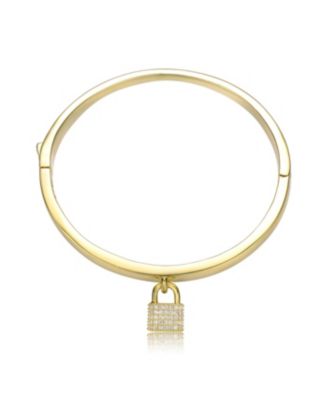 14k Yellow Gold Plated with Cubic Zirconia Padlock Charm Stacking Bangle Bracelet