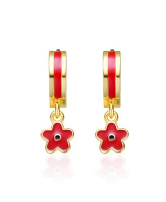 14k Yellow Gold Plated Red Enamel Dangle Flower Earrings for Toddler/Kids