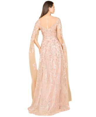 Women's Long Bell Sleeve Boat-Neck Beaded Gown