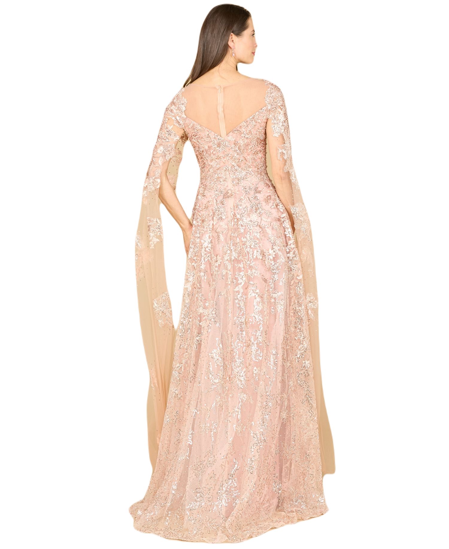 Women's Long Bell Sleeve Boat-Neck Beaded Gown