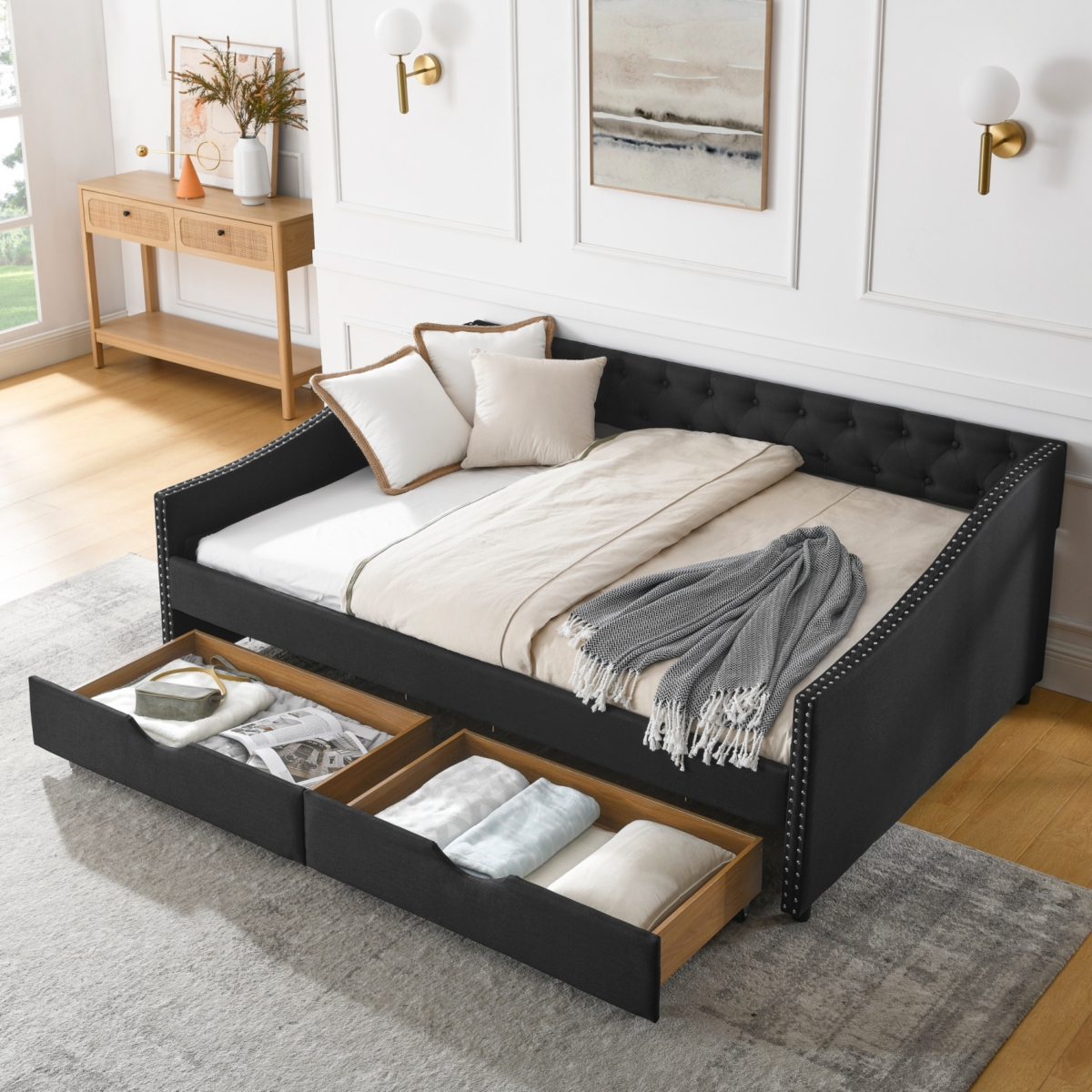 Streamdale Furniture Upholstered Tufted Daybed with Drawers and Copper Nail Detail