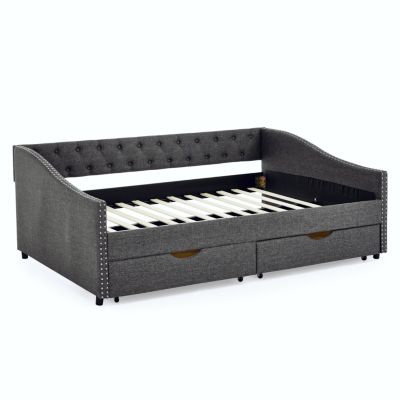  Upholstered Tufted Daybed with Drawers and Copper Nail Detail