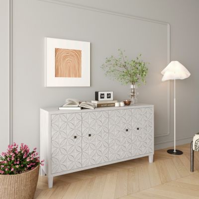White Wash 4-Door Wooden Accent Cabinet