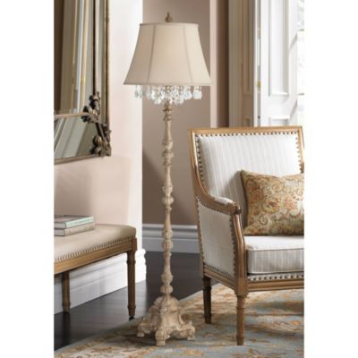 Duval Country Cottage Floor Lamp 63 1/2" Tall Distressed Faux Wood Candlestick Crystal Glass Beading Cream Bell Shade for Living Room