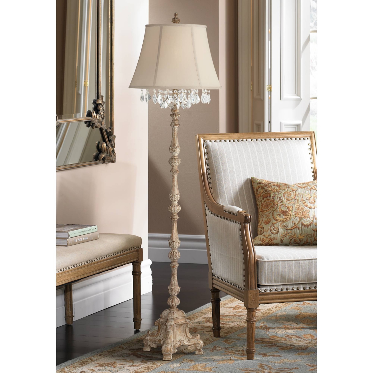 Barnes and Ivy Duval Country Cottage Floor Lamp 63 1/2" Tall Distressed Faux Wood Candlestick Crystal Glass Beading Cream Bell Shade for Living R