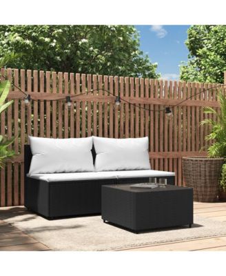 3 Piece Patio Lounge Set with Cushions Black Poly Rattan