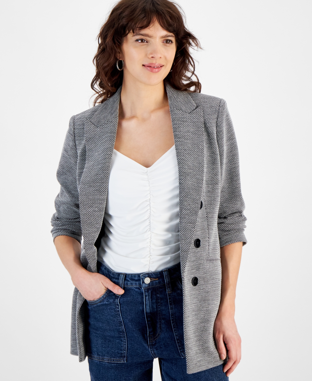 Bar Iii Women's Herringbone Open-Front Faux-Button Blazer, Created for Macy's -White Multi