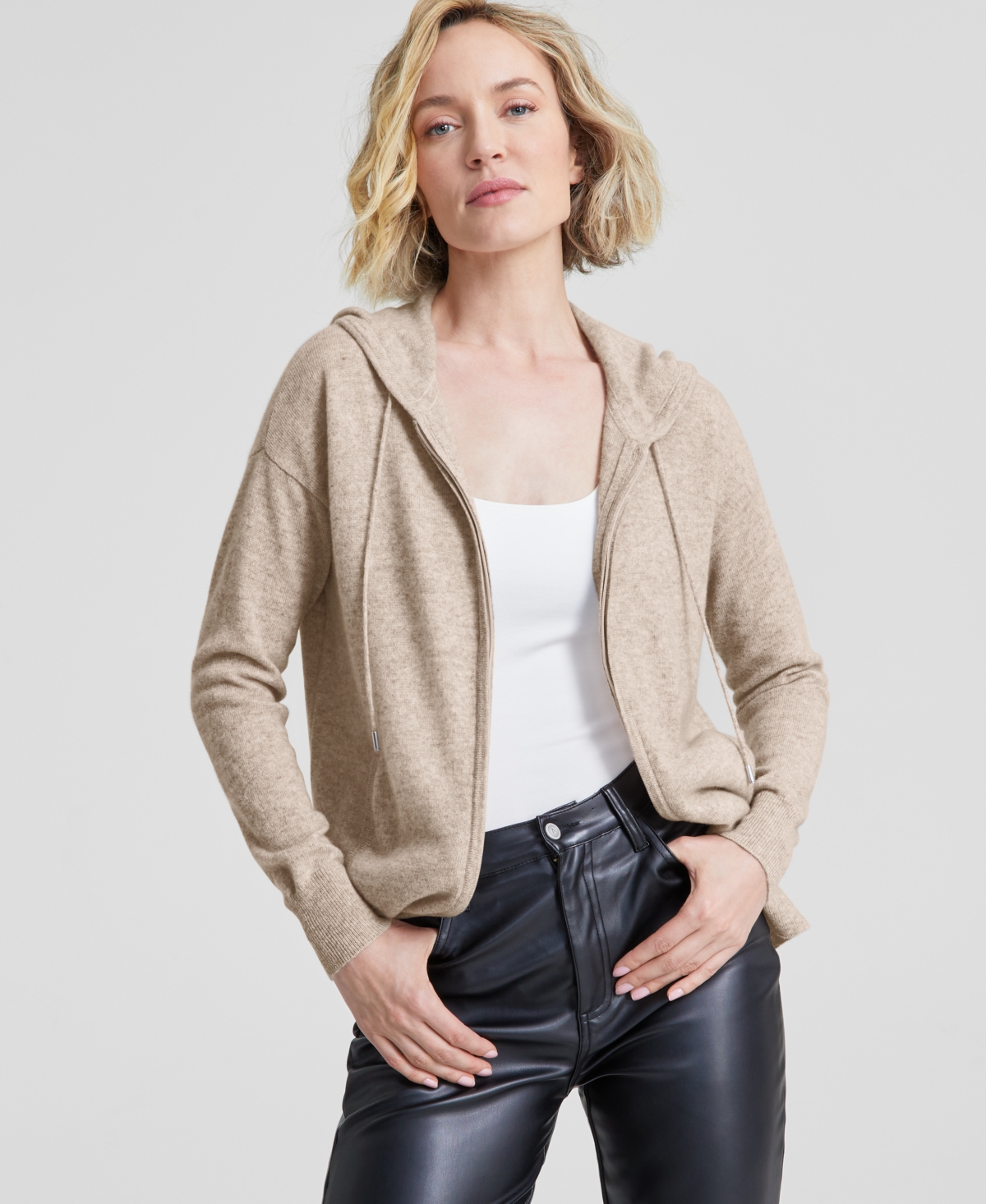 Charter Club Women's 100% Cashmere Zip Hoodie, Created For Macy's In Pearl Taupe Heather
