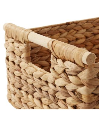(Set of 3) Water Hyacinth Rectangular Storage Baskets with Wooden Handles - Small, Medium, Large Woven Nesting Baskets