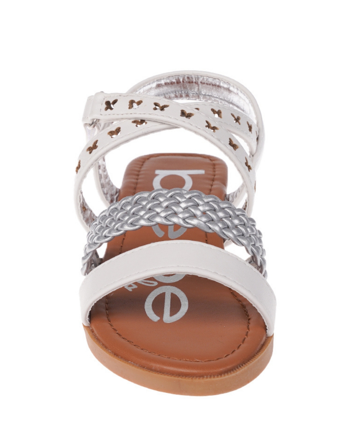Bebe Big Girl's Stack Heel Sandal with Metallic Weaved Strap and Butterfly Chop Out Polyurethane Sandals