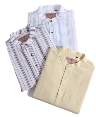 Men's Linen Stripped Banded Collar Button Up