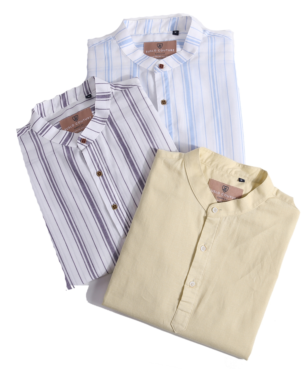 Shop Suslo Couture Men's Linen Stripped Banded Collar Button Up In Blue