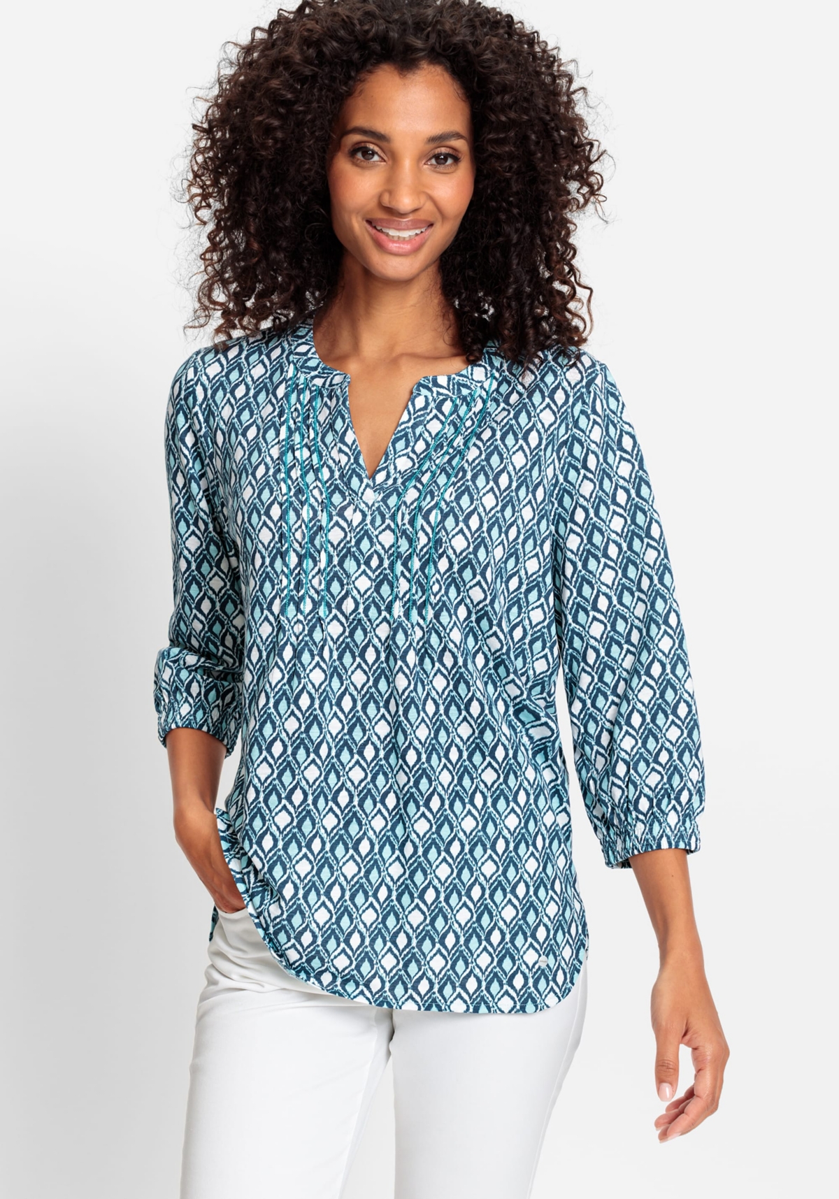 Women's 100% Organic Cotton 3/4 Sleeve Ikat Print Tunic Tee - Light turquoise