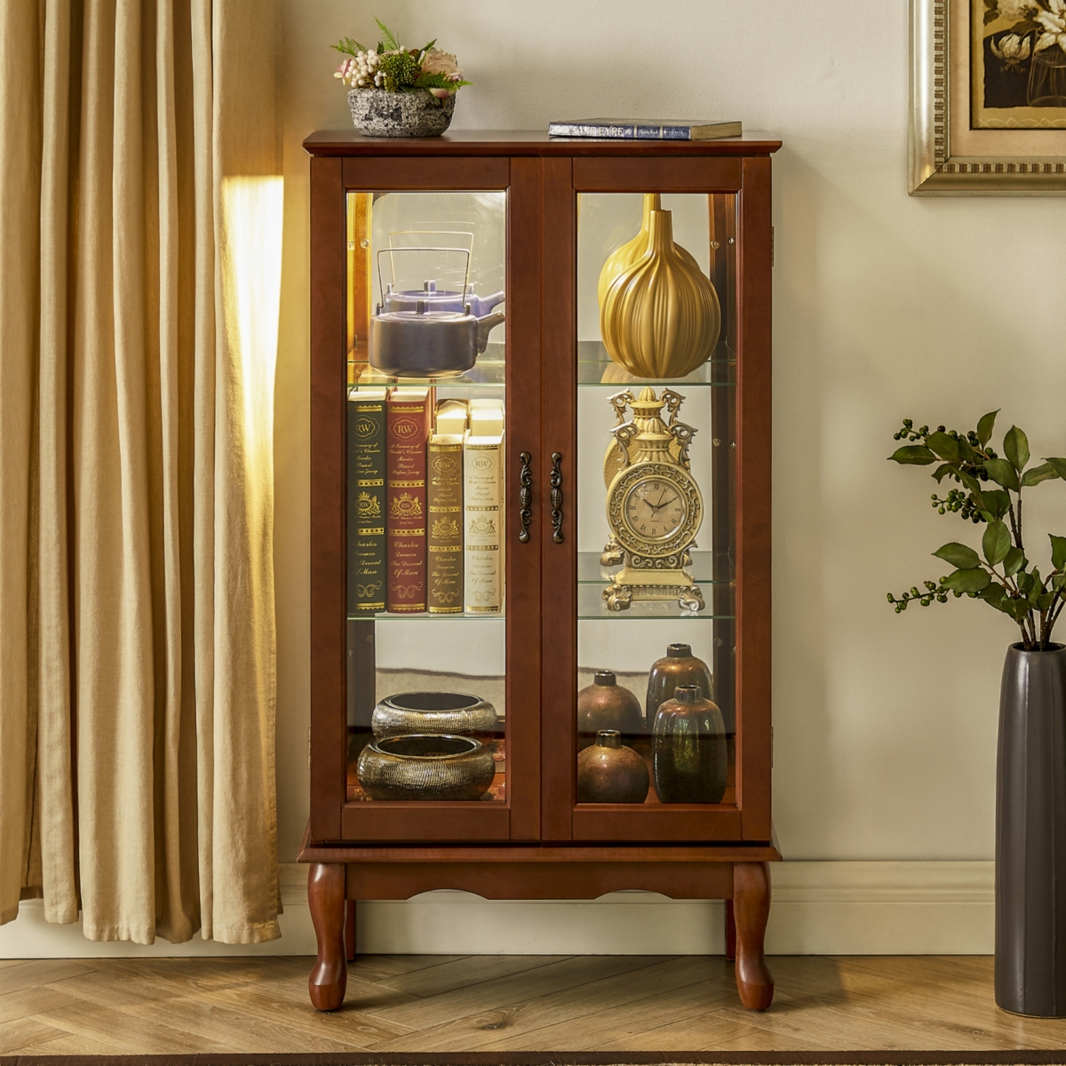 Streamdale Furniture Curio Cabinet Lighted Curio Diapaly Cabinet With Adjustable Shelves And Mirrored Back Panel
