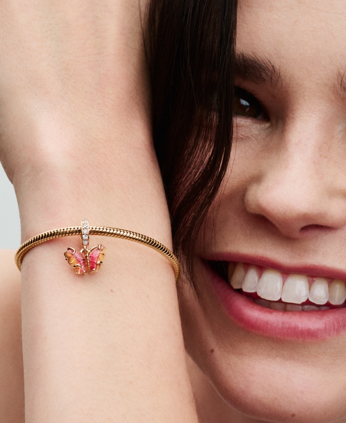 Pandora Rose 14k Gold-plated Pink Yellow Murano Glass Butterfly Dangle Charm In Gold
