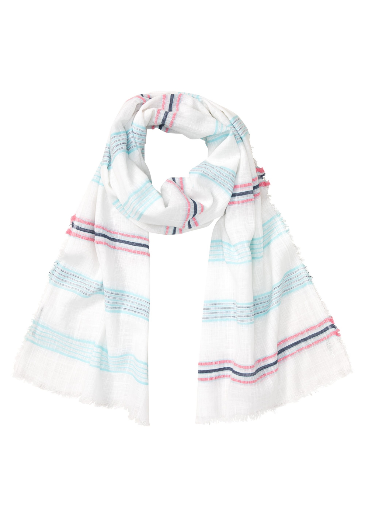 100% Cotton Striped Scarf with Frayed Edges - White