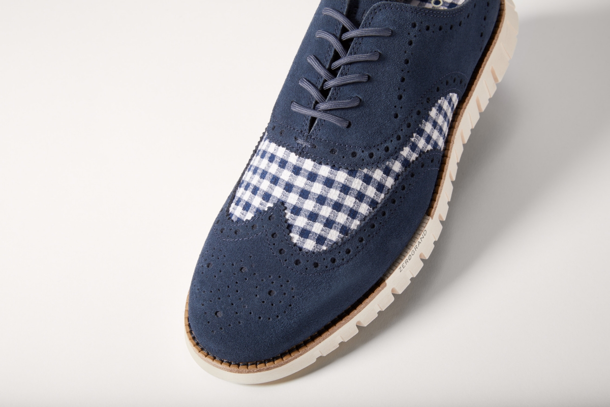 Cole Haan Men's ZERGRAND Remastered Lace-Up Wingtip Oxford Dress Shoes - Navy Blazer Blue Gingham-Ivory