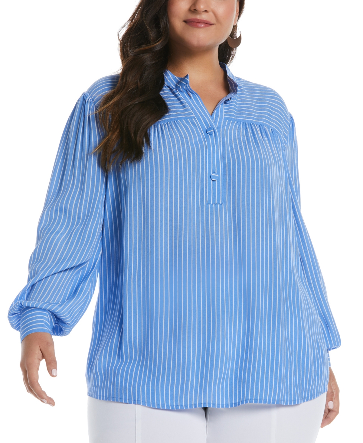 Plus Size Stripe Long Sleeve Popover Blouse - Cornflower Blue