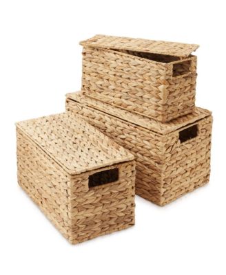 Set of 3 Water Hyacinth Storage Baskets with Lids, Natural - Small, Medium, Large - Decorative Bins for Bathroom, Closets, Laundry, Shelves