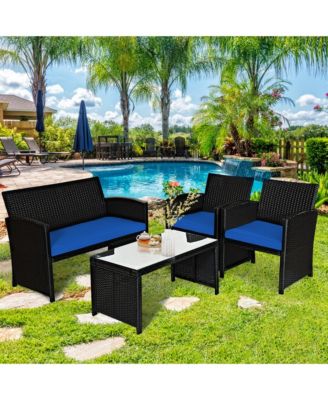 4PCS Rattan Outdoor Conversation Set Patio Furniture Set w/ Navy Cushions