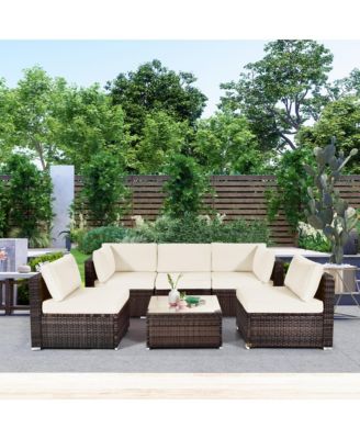 6PCS Rattan Outdoor Sectional Sofa Set Patio Furniture Set w/ White Cushions