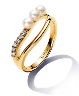 Treated Freshwater Cultured   Pearl   Shaped Double Band with Clear Cubic Zirconia Stone Ring in 14k Gold-plated