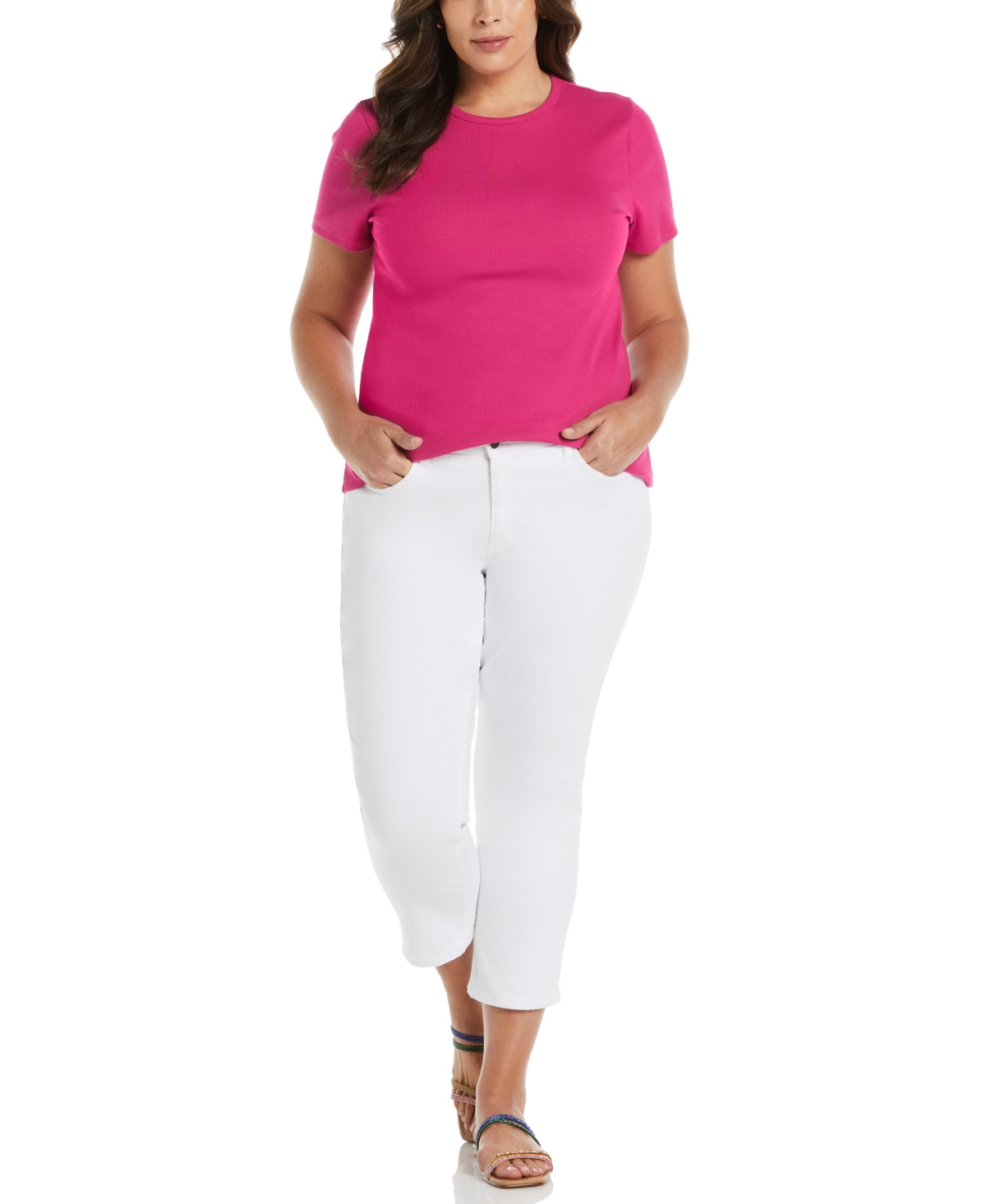 Shop Ella Rafaella Plus Size Ribbed Crew Neck Short Sleeve Top In Cosmo Pink