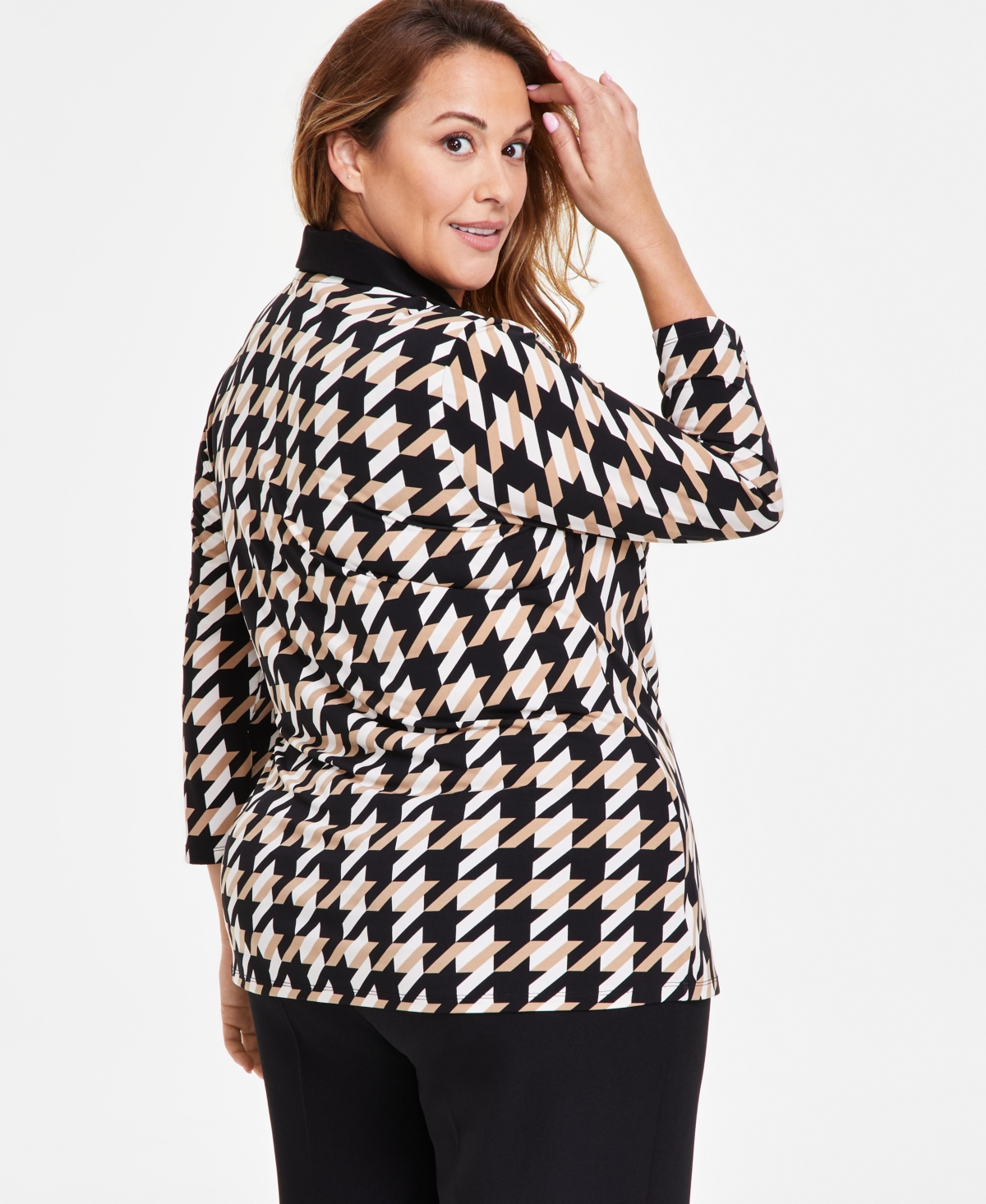 Anne Klein Plus Size Houndstooth Knit Side-Tie Top